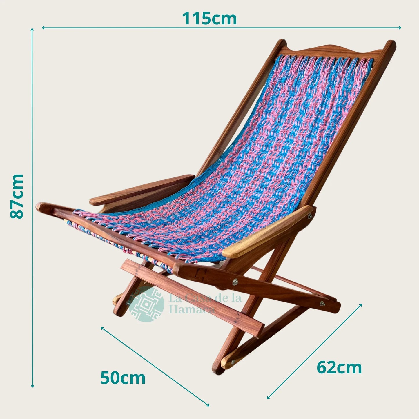 Silla mecedora artesanal plegable de Yucatán azul y rosa vista lateral mostrando sus medidas