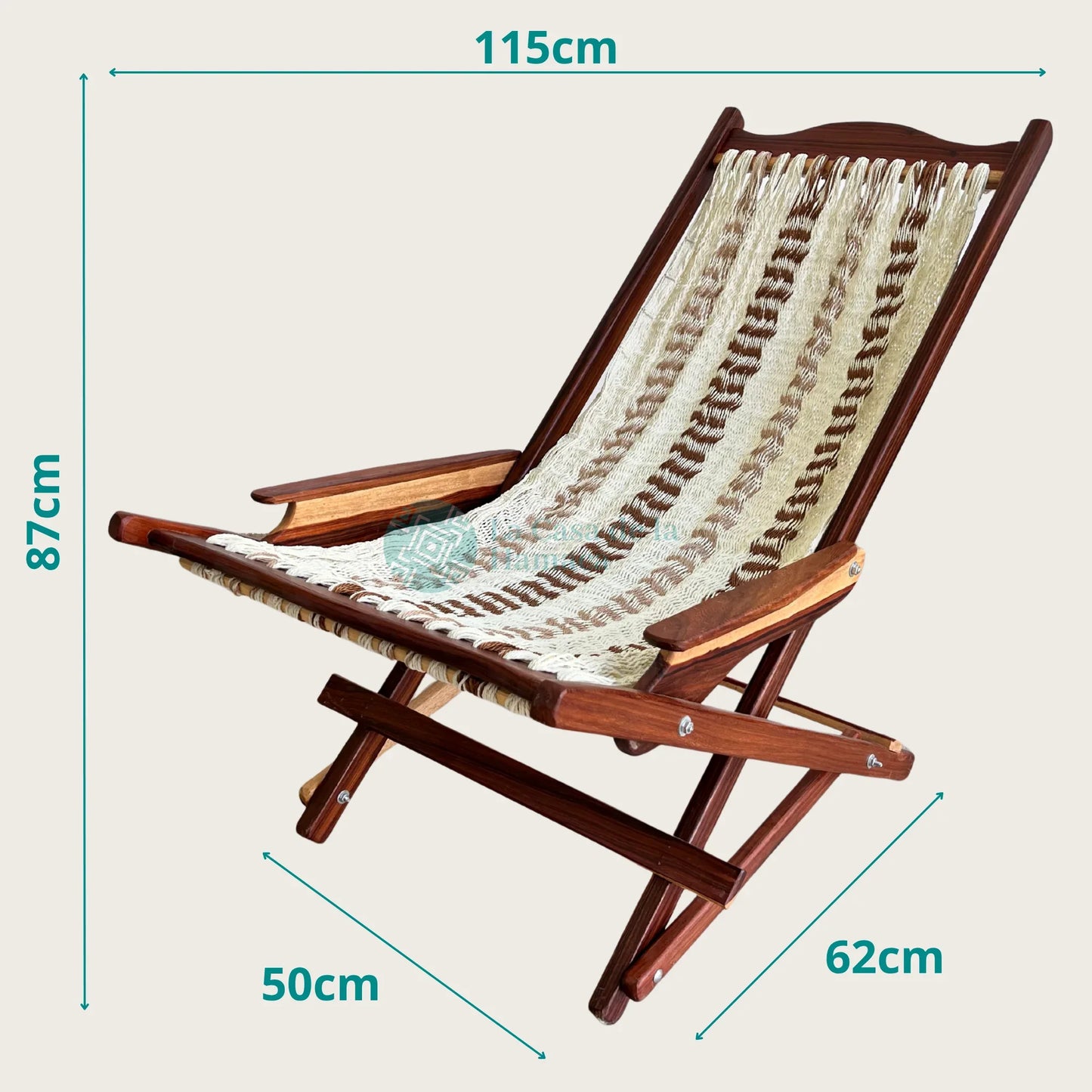 Silla mecedora artesanal plegable de Yucatán beige y café vista lateral mostrando sus medidas