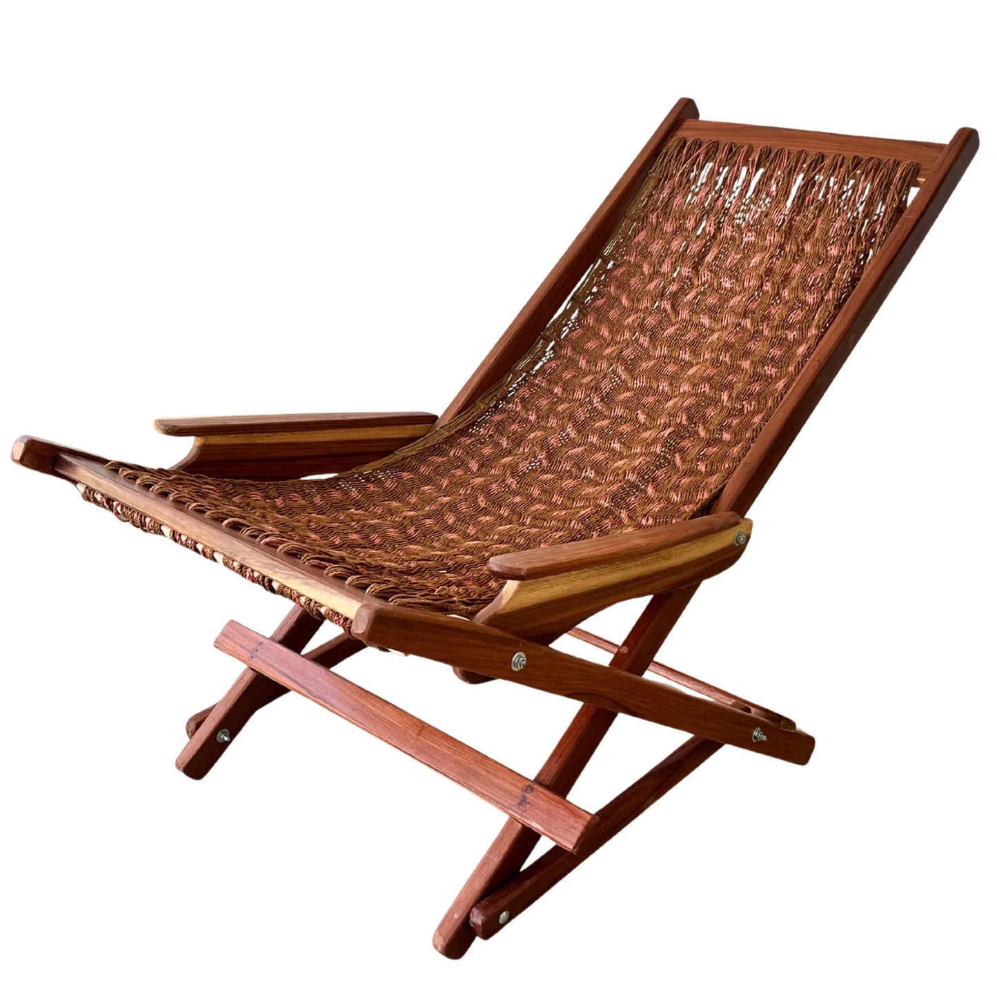 Silla mecedora artesanal plegable de Yucatán café y rosa abierta vista del lado izquierdo