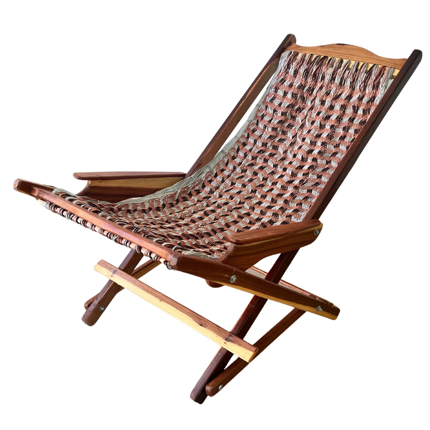 Silla mecedora artesanal plegable de Yucatán tricolor gris, rosa y café abierta vista del lado izquierdo
