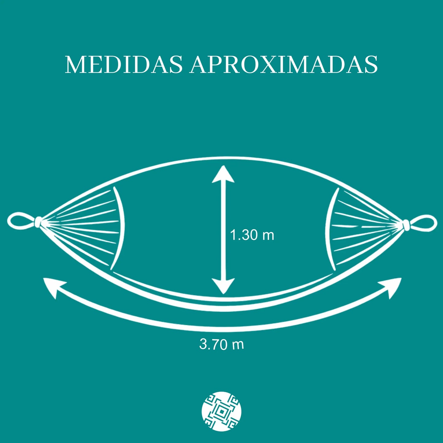 Diagrama ilustrativo de una hamaca con medidas detalladas, mostrando largo, ancho y espacio, con líneas y flechas indicando cada dimensión.
