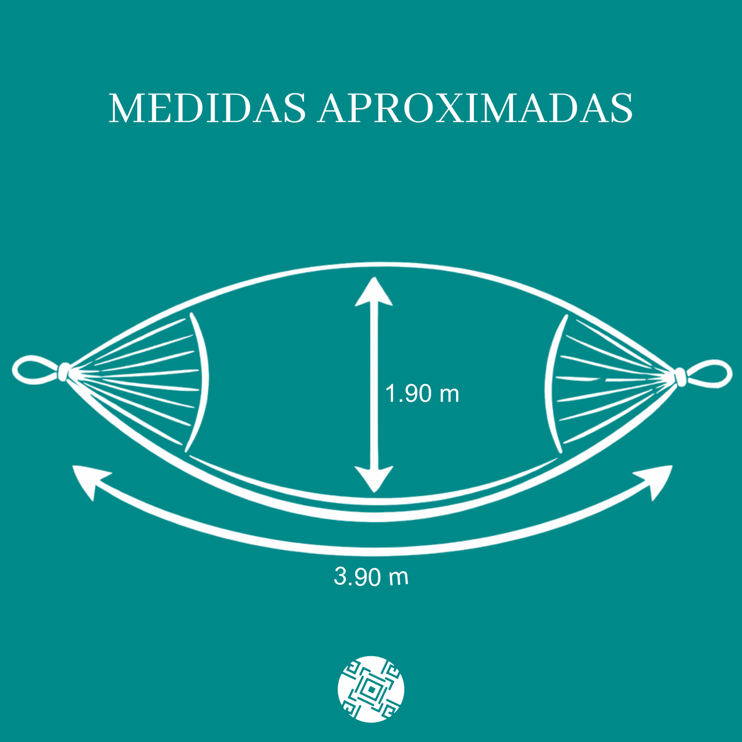 Diagrama ilustrativo de una hamaca con medidas detalladas, mostrando largo, ancho y espacio para una o dos personas, con líneas y flechas indicando cada dimensión.