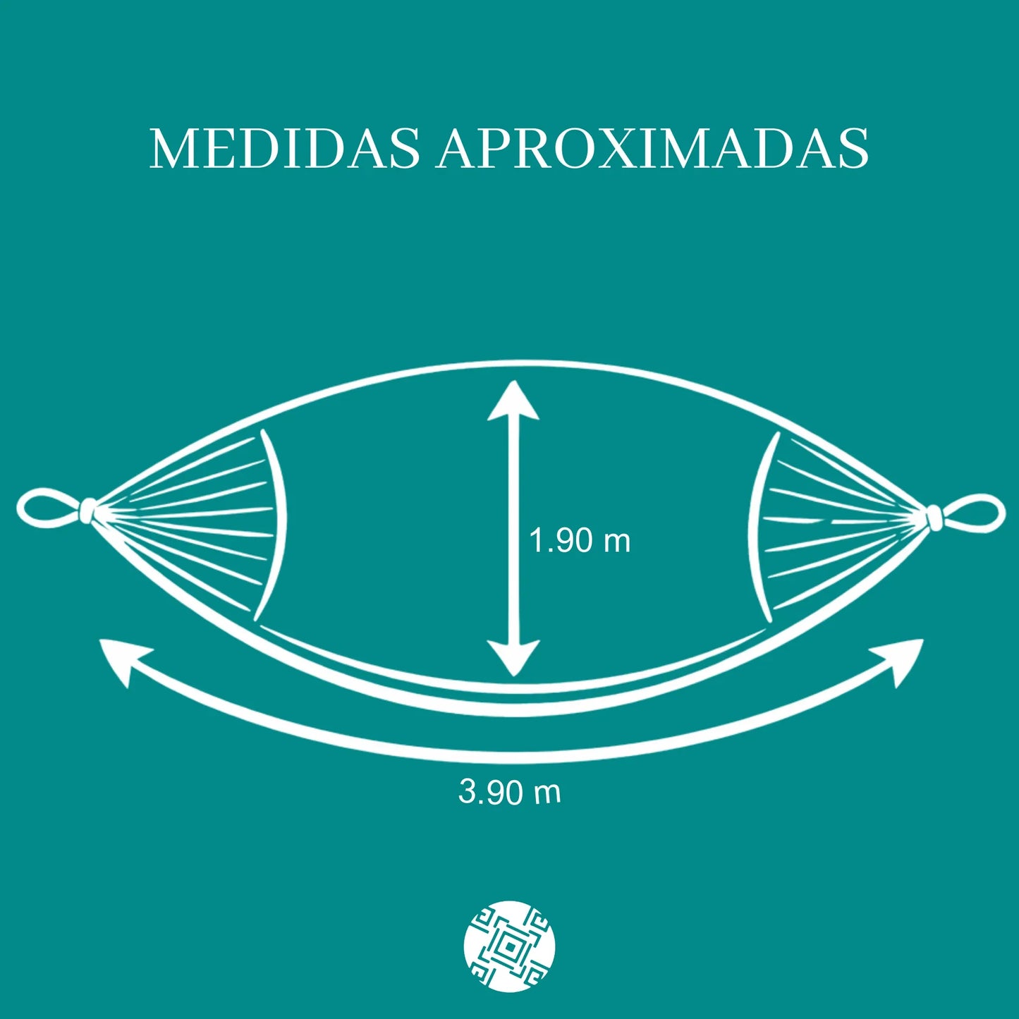 Diagrama ilustrativo de una hamaca con medidas detalladas, mostrando largo, ancho y espacio para una o dos personas, con líneas y flechas indicando cada dimensión.