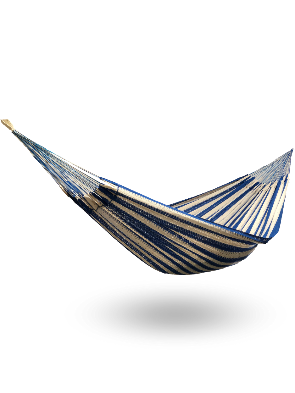 Hamaca mexicana grande de algodón en colores azul y beige, ideal para una o dos personas.