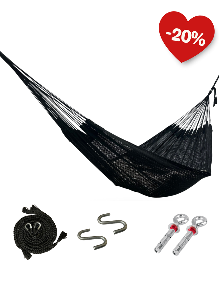 Hamaca Mexicana Negra con Kit de Instalación Completo: Sogas, Ganchos y Taquetes Incluidos