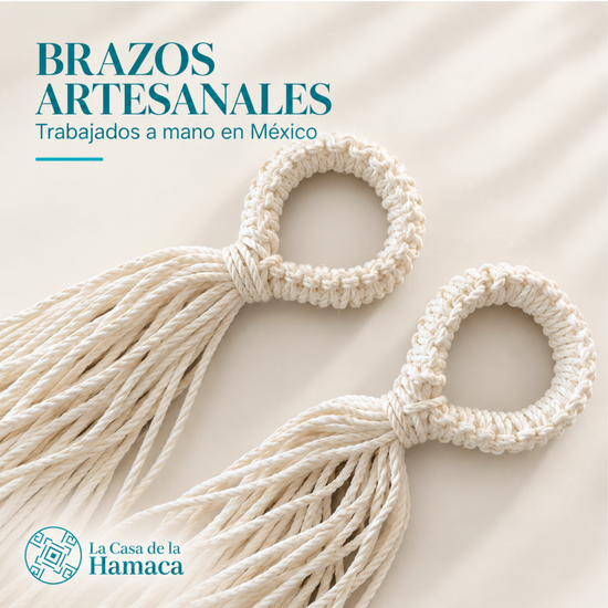 Detalle de brazos trabajados a mano en México de hamaca Mexicana King Size beige