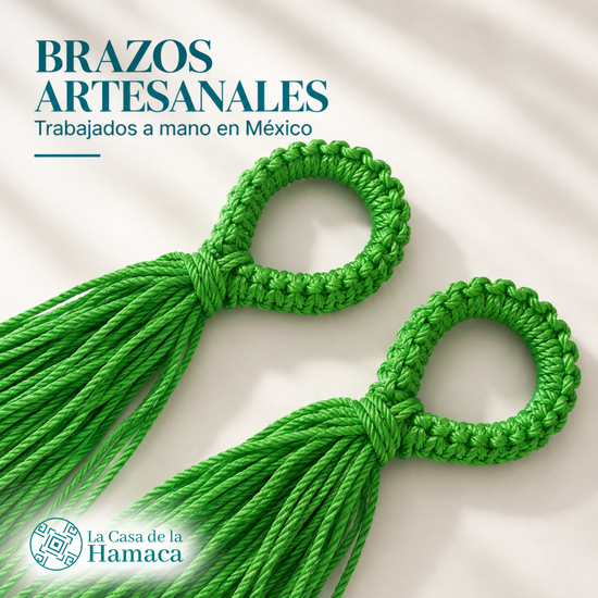 Detalle de brazos trabajados a mano en México de hamaca Mexicana King Size verde claro