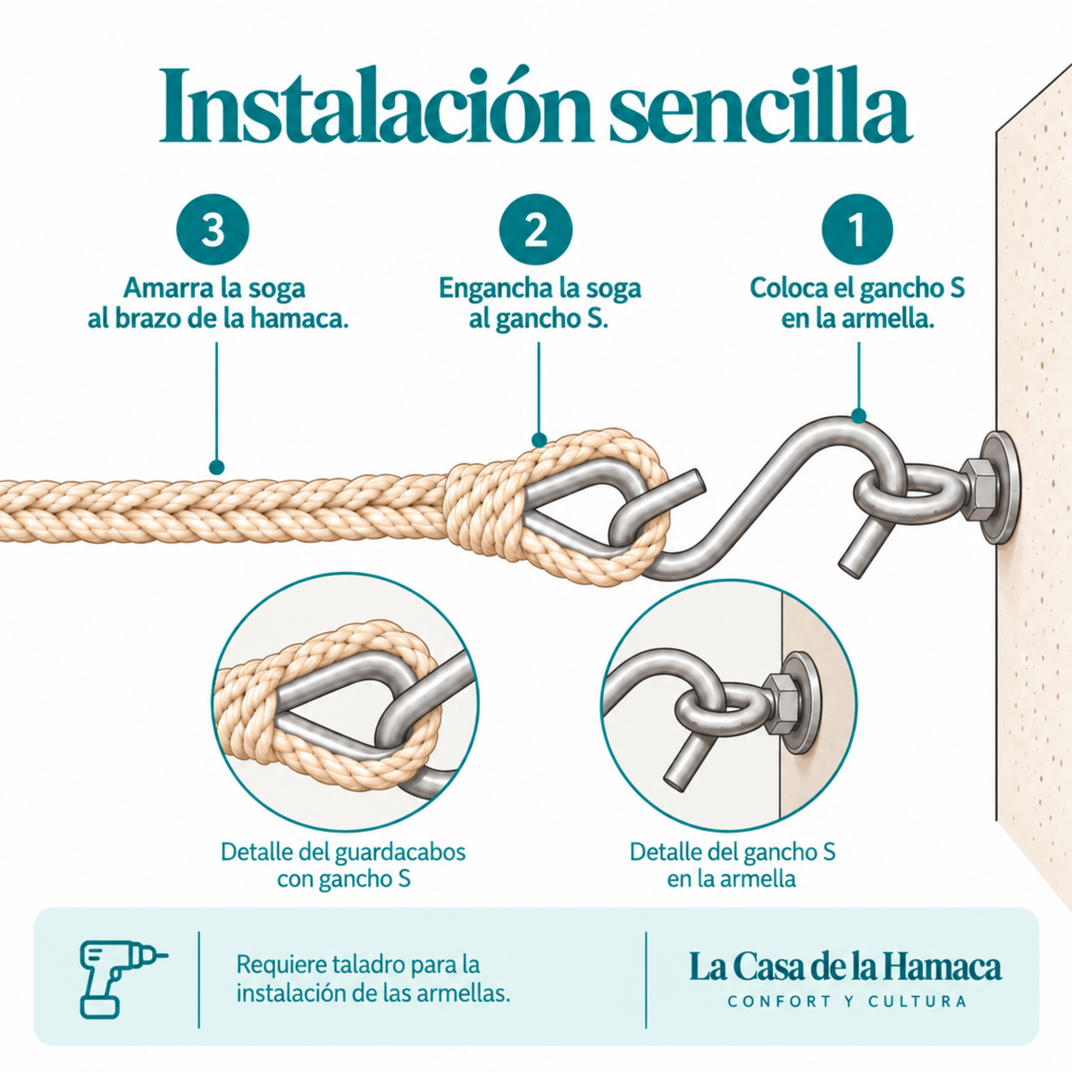 Guía de instalación de hamaca con soga artesanal, gancho S y armella para pared