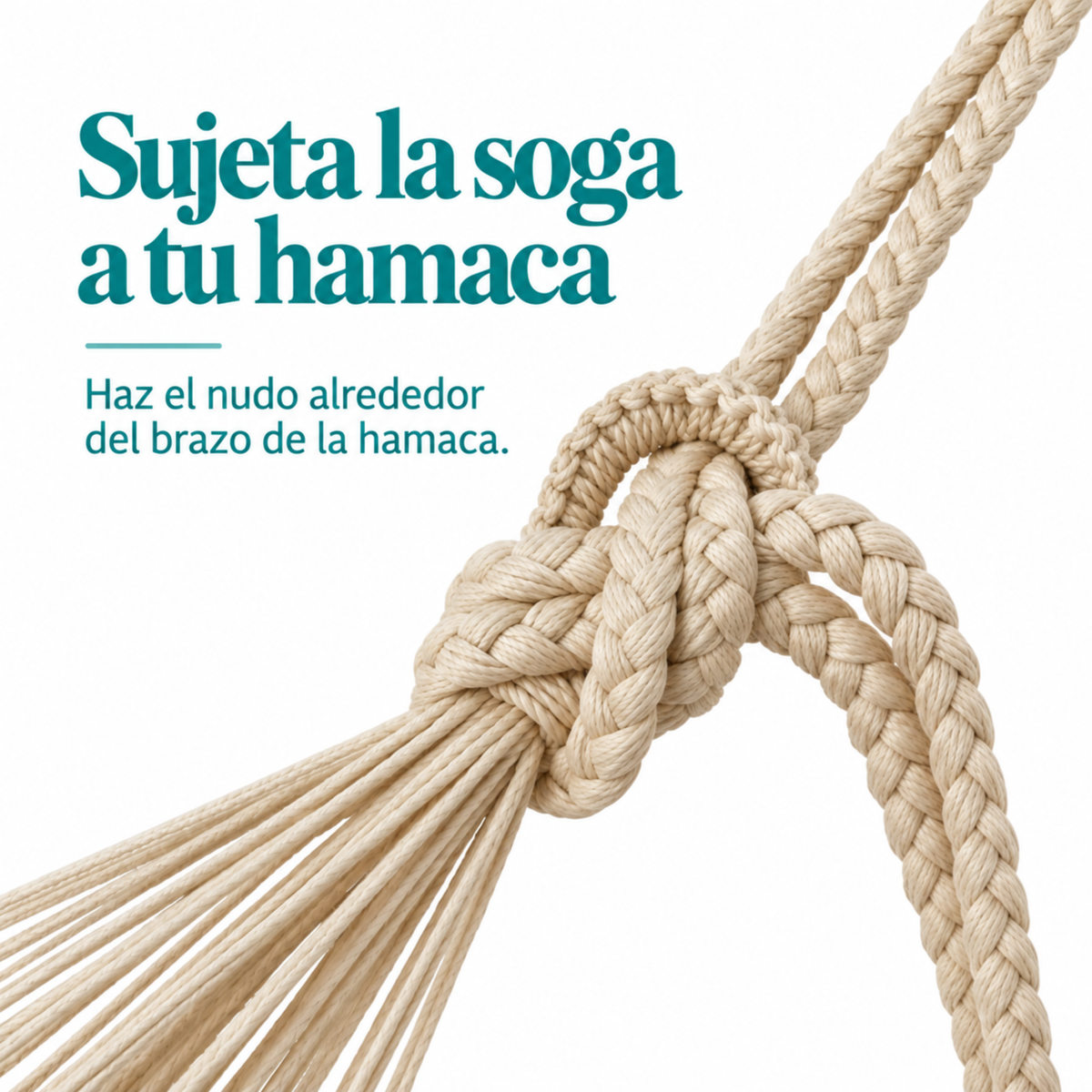 Soga artesanal beige amarrada al brazo de una hamaca para su instalación