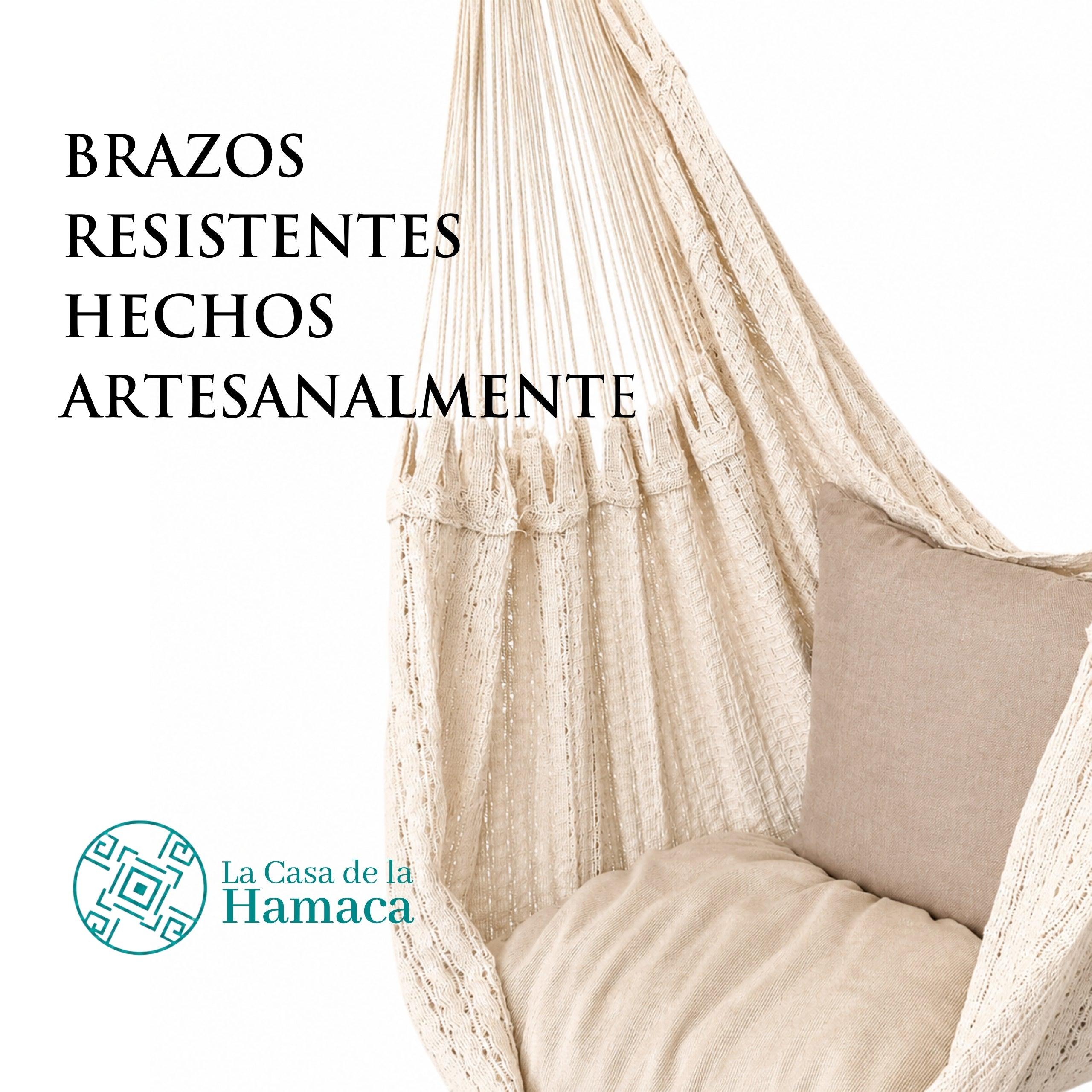 Detalle de los brazos y la unión con la tela del columpio colgante de algodón 100%