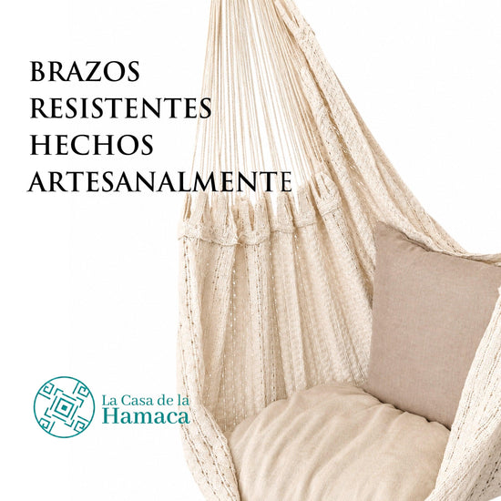 Detalle de los brazos y la unión con la tela del columpio colgante de algodón 100%