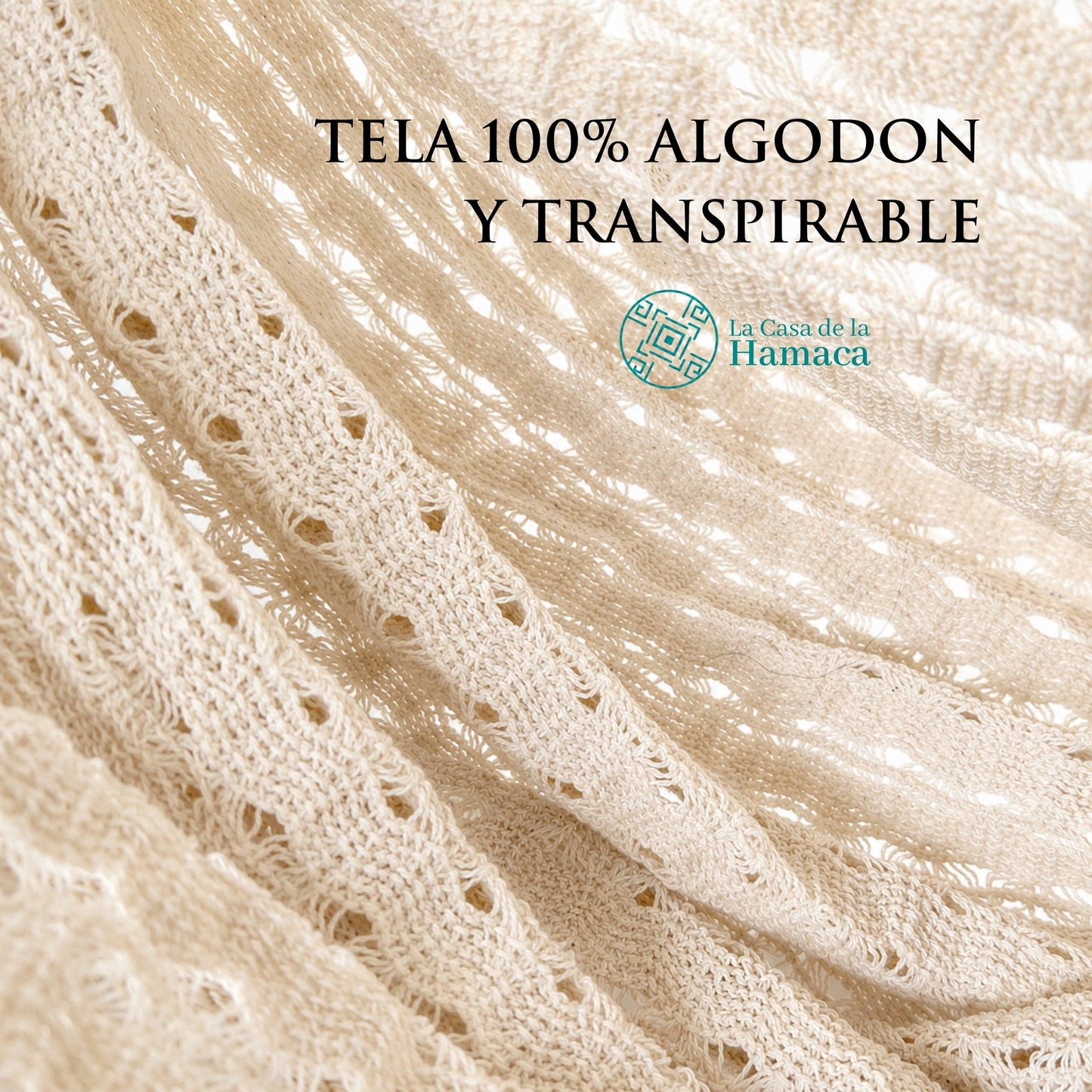 Detalle de la tela de algodón 100% del columpio colgante, mostrando su tejido y acabado