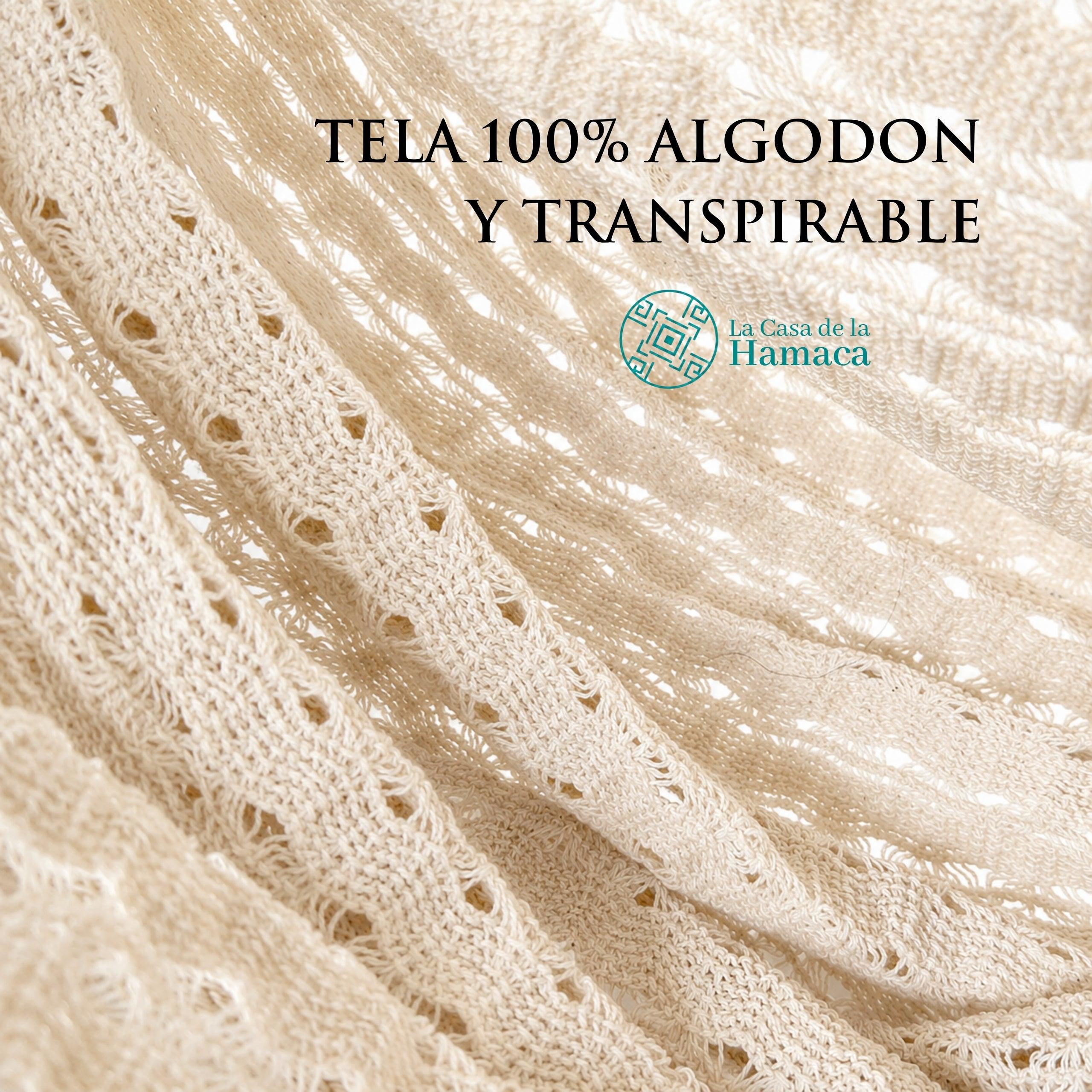 Detalle de la tela de algodón 100% del columpio colgante, mostrando su tejido y acabado