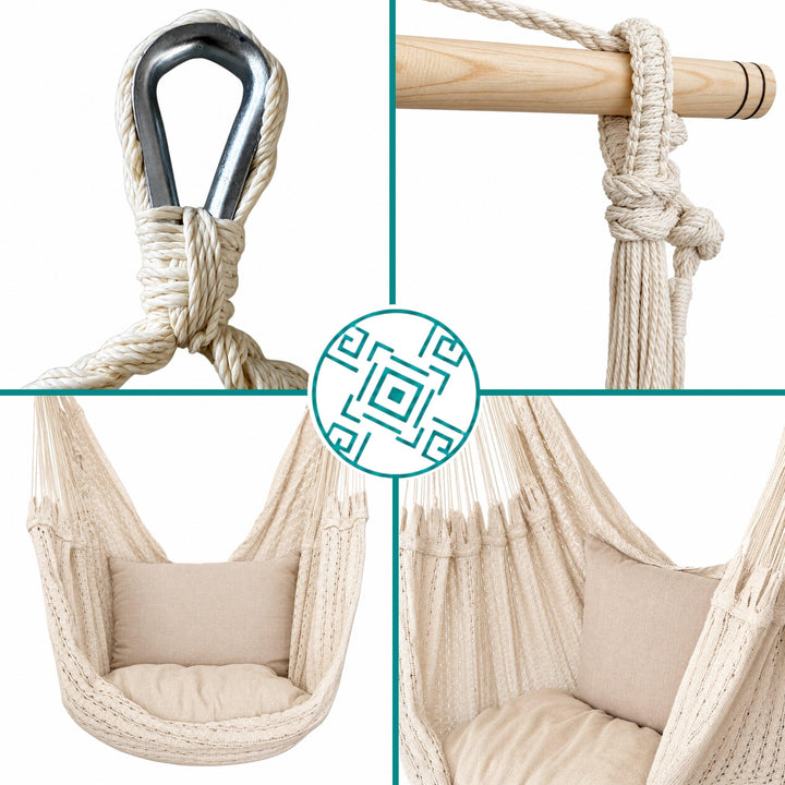 Detalles del columpio colgante de algodón 100%, mostrando agarre, barras de madera, brazos de soporte, tela y asiento