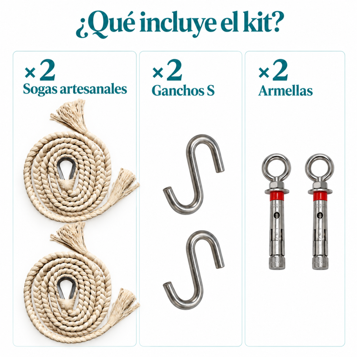 Dos sogas artesanales, dos ganchos S y dos armellas incluidos en kit para hamaca