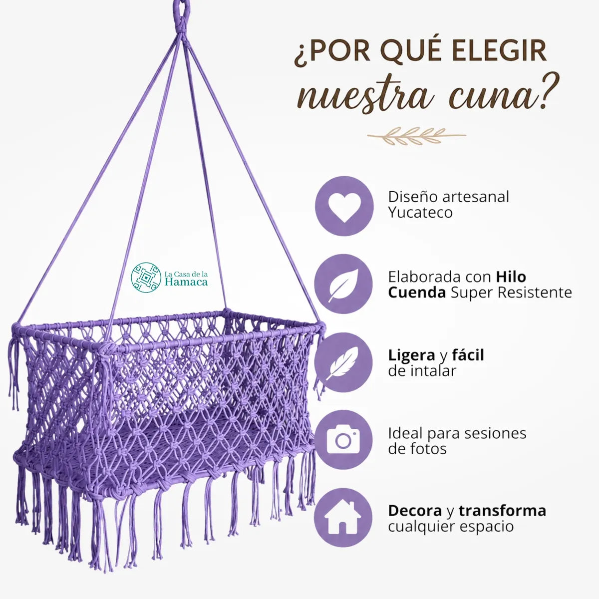 Moisés colgante artesanal para bebé morado de hilo de cuenda, ligero, fácil de instalar y elaborado en Yucatán