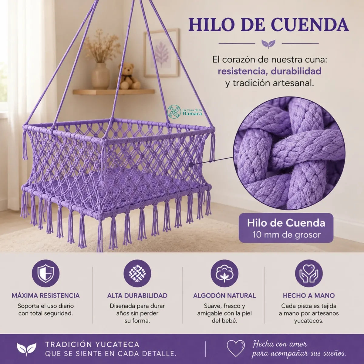 Cuna colgante artesanal para bebé morada de hilo de cuenda de algodón, hecha a mano con tejido resistente y duradero