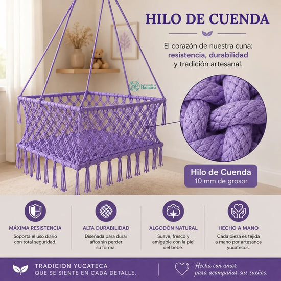 Cuna colgante artesanal para bebé morada de hilo de cuenda de algodón, hecha a mano con tejido resistente y duradero