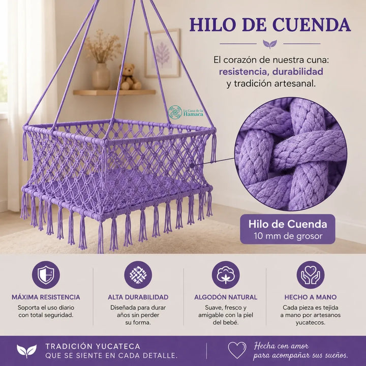 Cuna colgante artesanal para bebé morada de hilo de cuenda de algodón, hecha a mano con tejido resistente y duradero