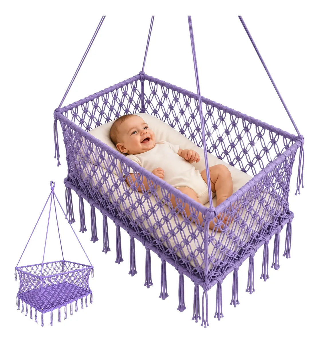 Cuna colgante artesanal para bebé morada con bebé y vista completa de la cuna hamaca