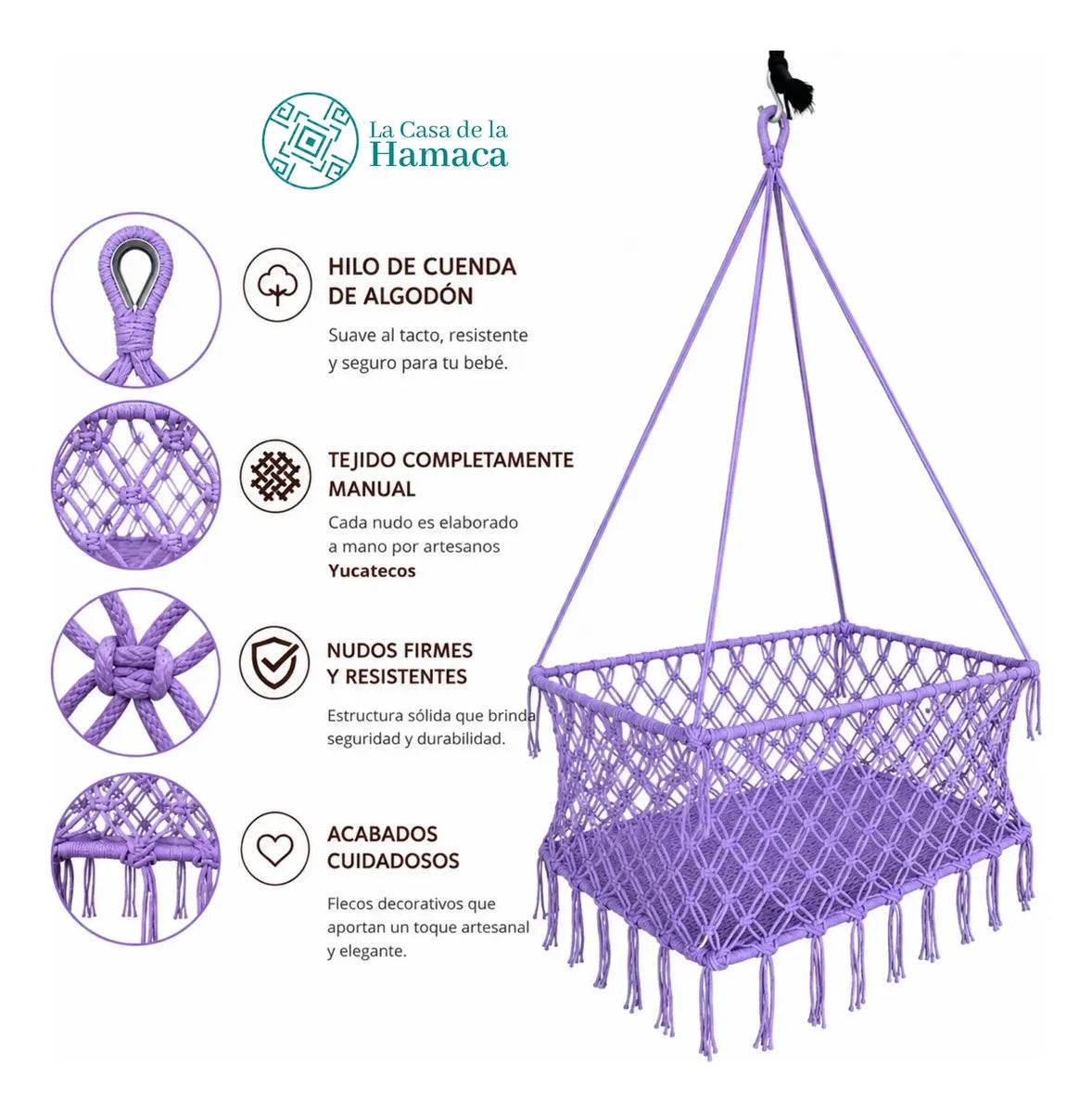 Detalles del hilo de cuenda de algodón, tejido manual, nudos y acabados de cuna colgante artesanal para bebé morada