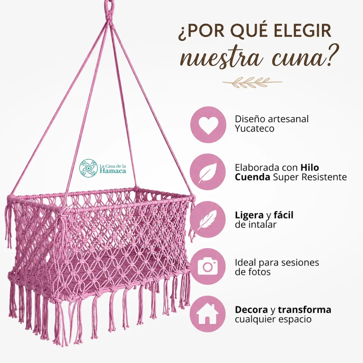 Moisés colgante artesanal para bebé rosa de hilo de cuenda, ligero, fácil de instalar y elaborado en Yucatán