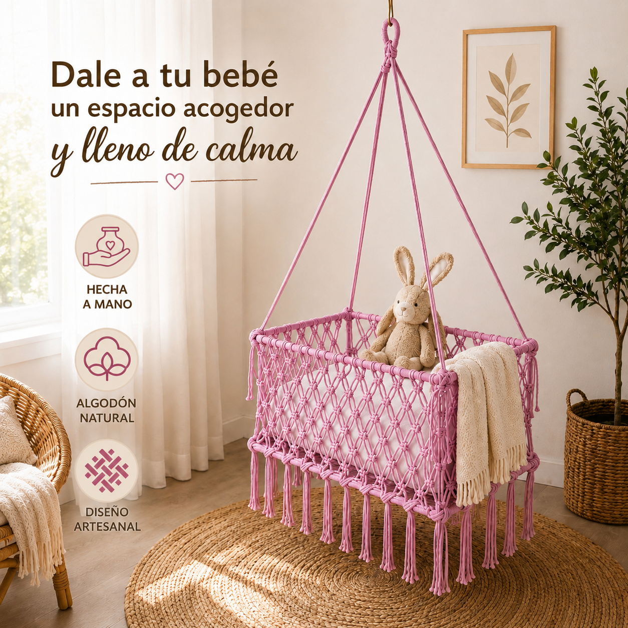 Cuna hamaca para bebé rosa hecha a mano, con algodón natural y diseño artesanal
