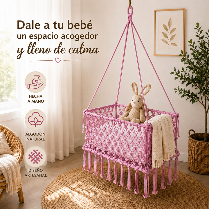 Cuna hamaca para bebé rosa hecha a mano, con algodón natural y diseño artesanal