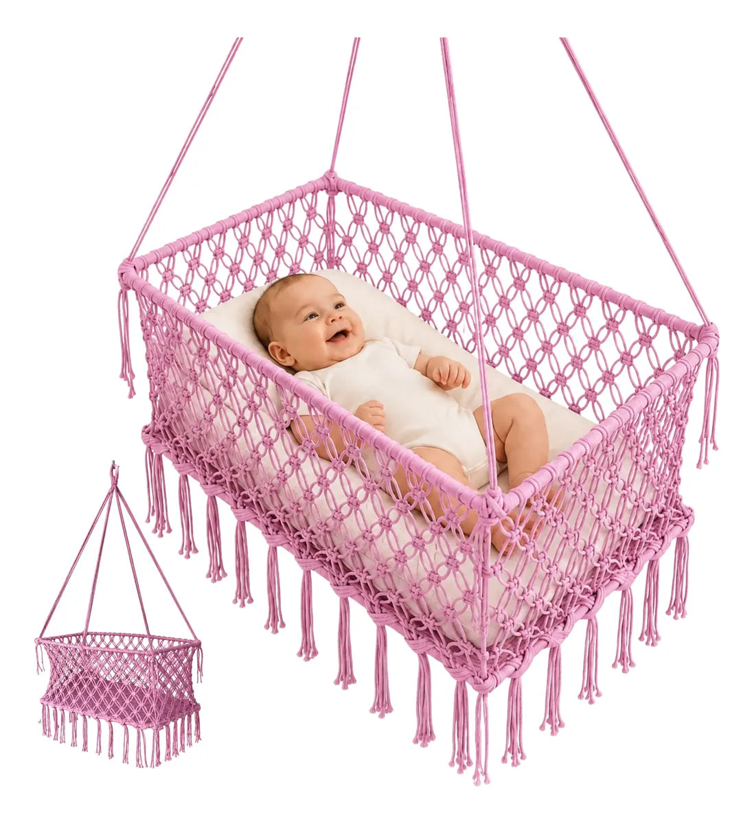 Cuna colgante artesanal para bebé rosa con bebé y vista completa de la cuna hamaca