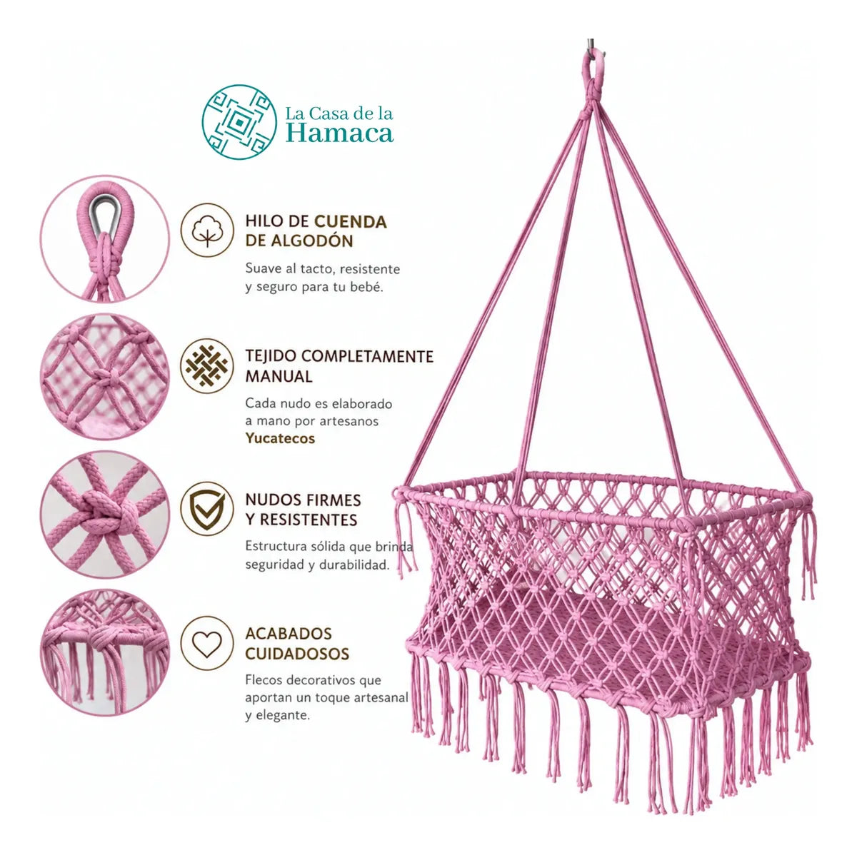 Detalles del hilo de cuenda de algodón, tejido manual, nudos y acabados de cuna colgante artesanal para bebé rosa