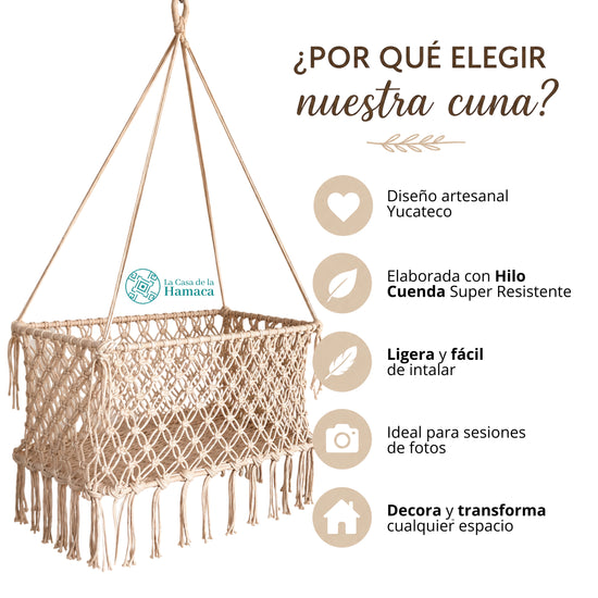 Moisés colgante artesanal para bebé de hilo de cuenda, ligero, fácil de instalar y elaborado en Yucatán