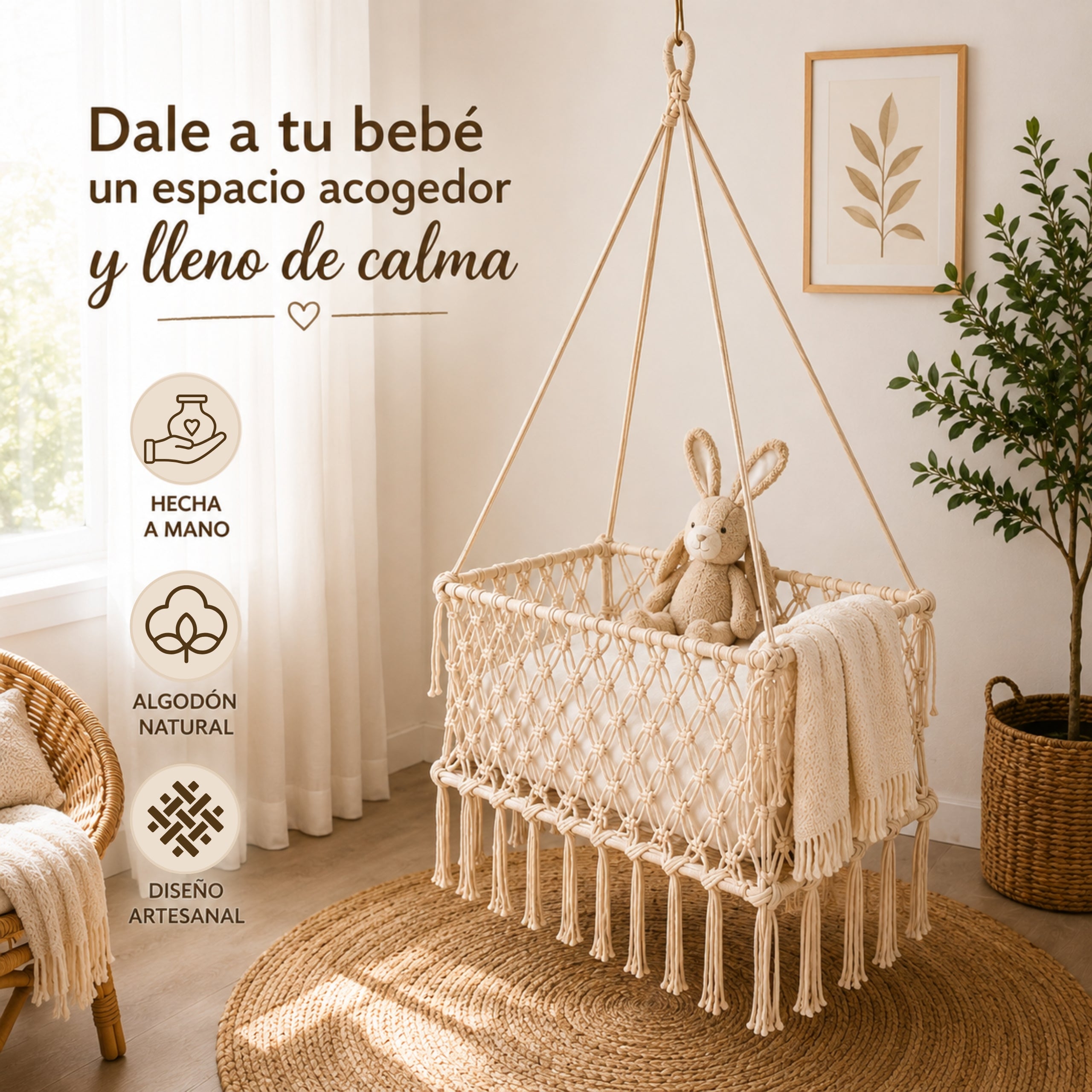 Cuna hamaca para bebé de algodón beige hecha a mano, con algodón natural y diseño artesanal
