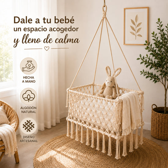Cuna hamaca para bebé de algodón beige hecha a mano, con algodón natural y diseño artesanal