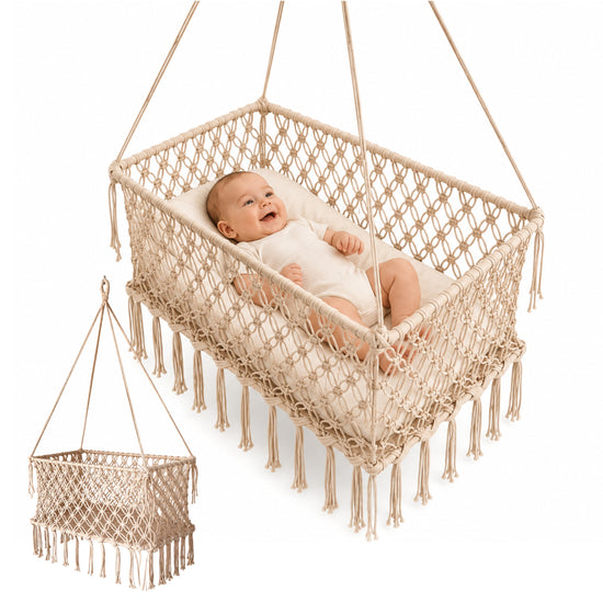 Cuna colgante para bebé artesanal de algodón beige con bebé y vista completa de la cuna hamaca