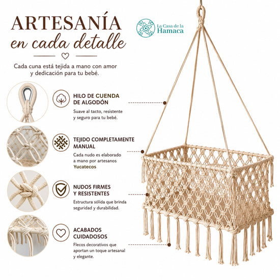 Detalles del hilo de cuenda de algodón, tejido manual, nudos y acabados de cuna colgante artesanal para bebé