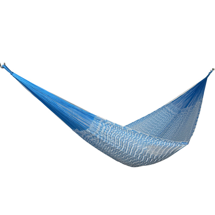 Hamaca artesanal Yucateca de nylon color azul y blanco vista lateral