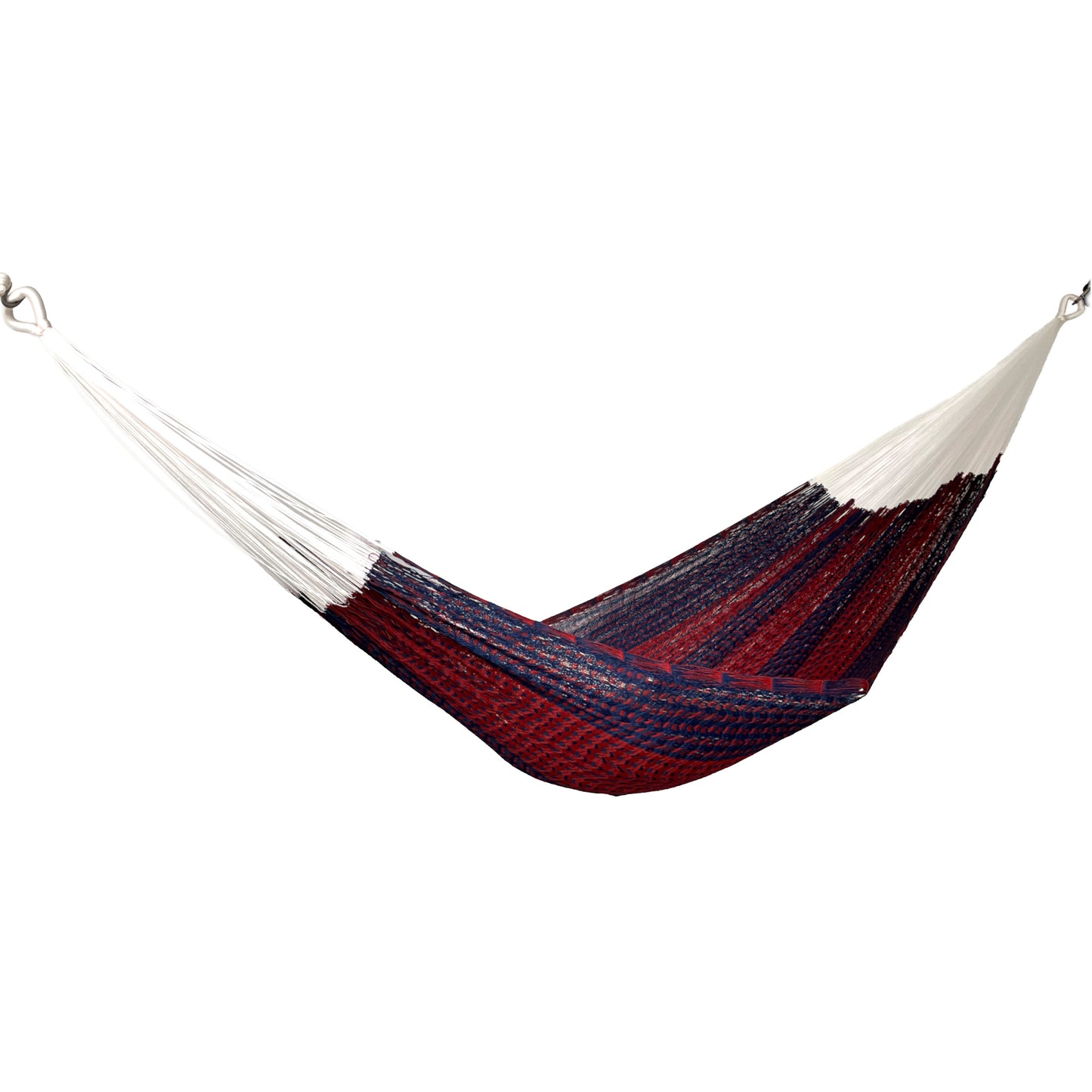 Hamaca artesanal Yucateca de nylon color azul y rojo vista lateral