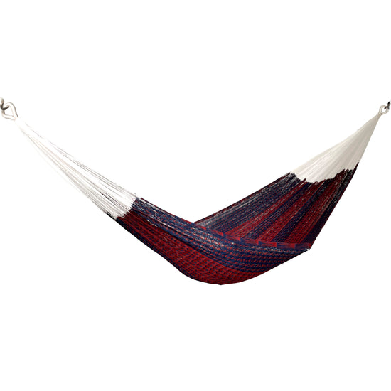Hamaca artesanal Yucateca de nylon color azul y rojo vista lateral