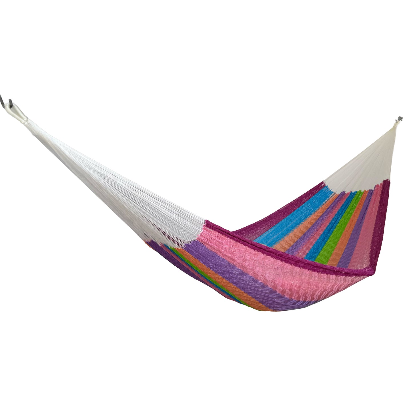 Hamaca artesanal Yucateca de nylon colorida vista lateral