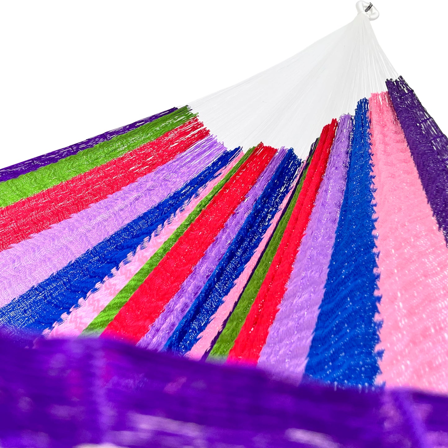 Interior mostrando brazo y tejido de hamaca artesanal Yucateca de nylon con combinación de colores