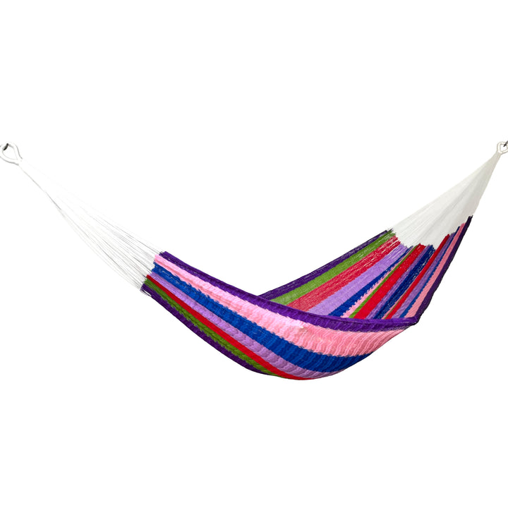 Hamaca artesanal Yucateca de nylon con combinación de colores vista lateral
