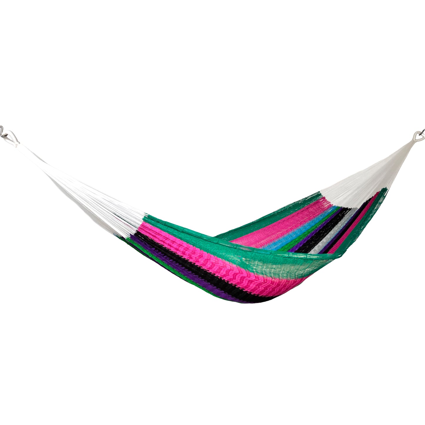 Hamaca artesanal Yucateca de nylon multicolor rayada vista lateral