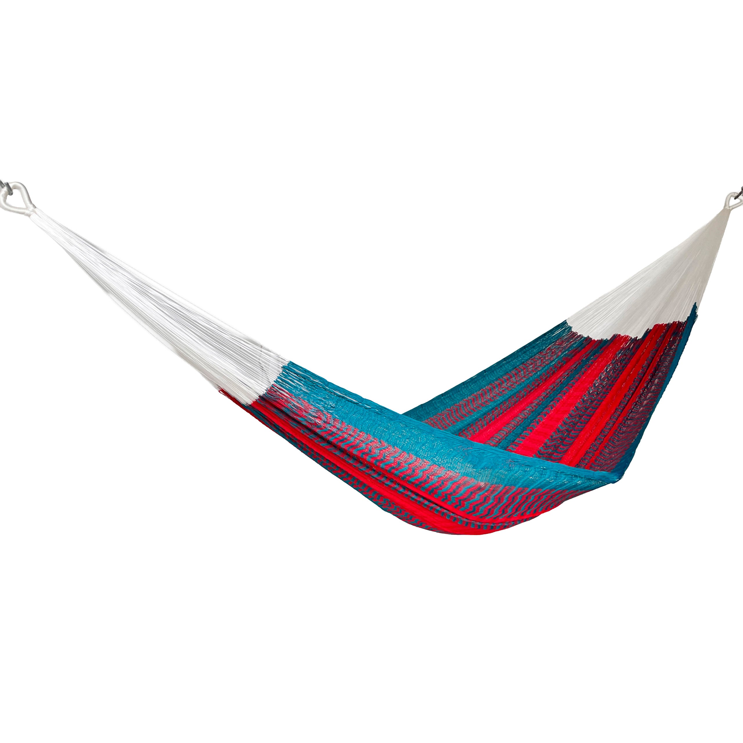 Hamaca artesanal Yucateca de nylon color rojo y azul vista lateral