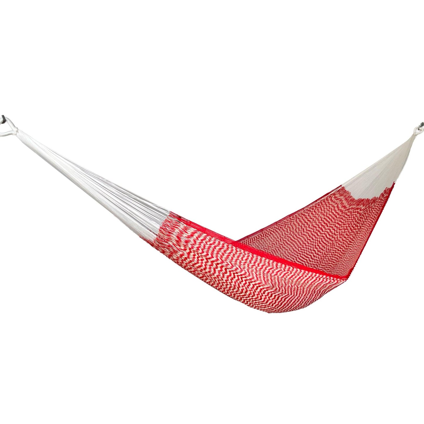 Hamaca artesanal Yucateca de nylon color rojo y blanco vista lateral