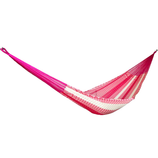 Hamaca artesanal Yucateca de nylon color rosa y blanco vista lateral