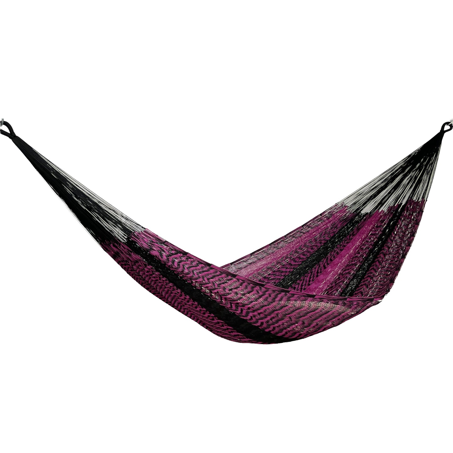 Hamaca artesanal Yucateca de nylon color rosa y negro vista lateral