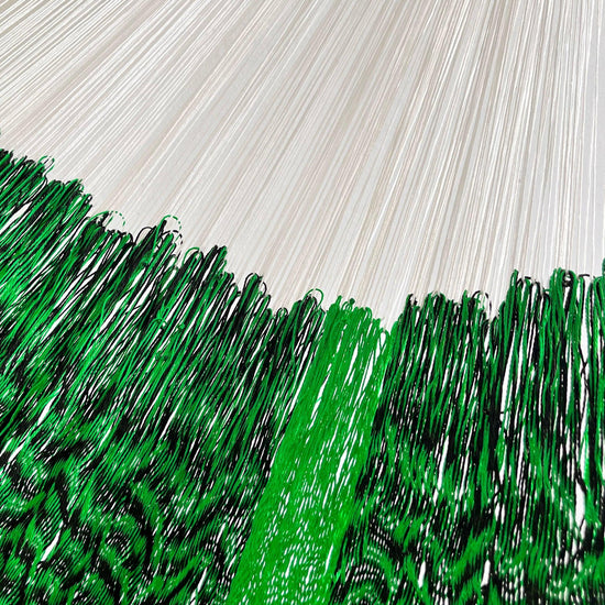 Unión entre cuerpo y brazo de hamaca artesanal Yucateca de nylon color verde y negro