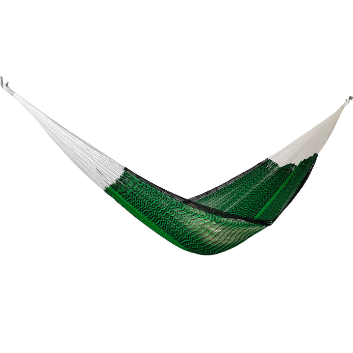 Hamaca artesanal Yucateca de nylon color verde y negro vista lateral