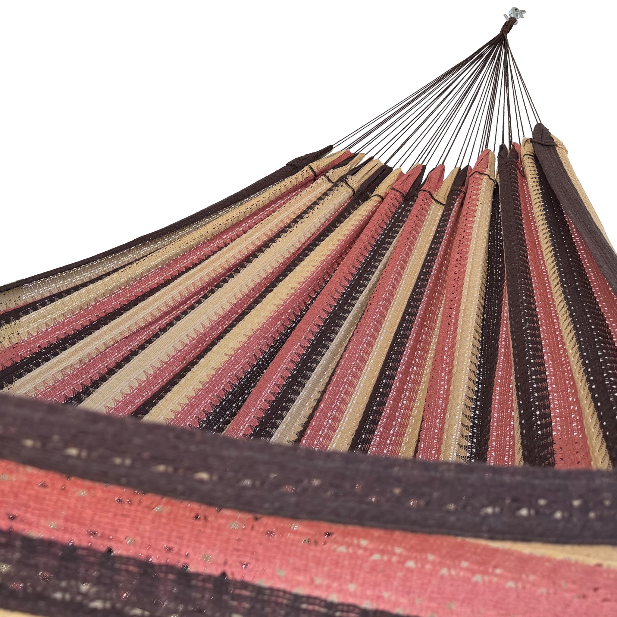 Interior de hamaca mexicana mocaccino oscura amarilla king size mostrando el tejido y el brazo