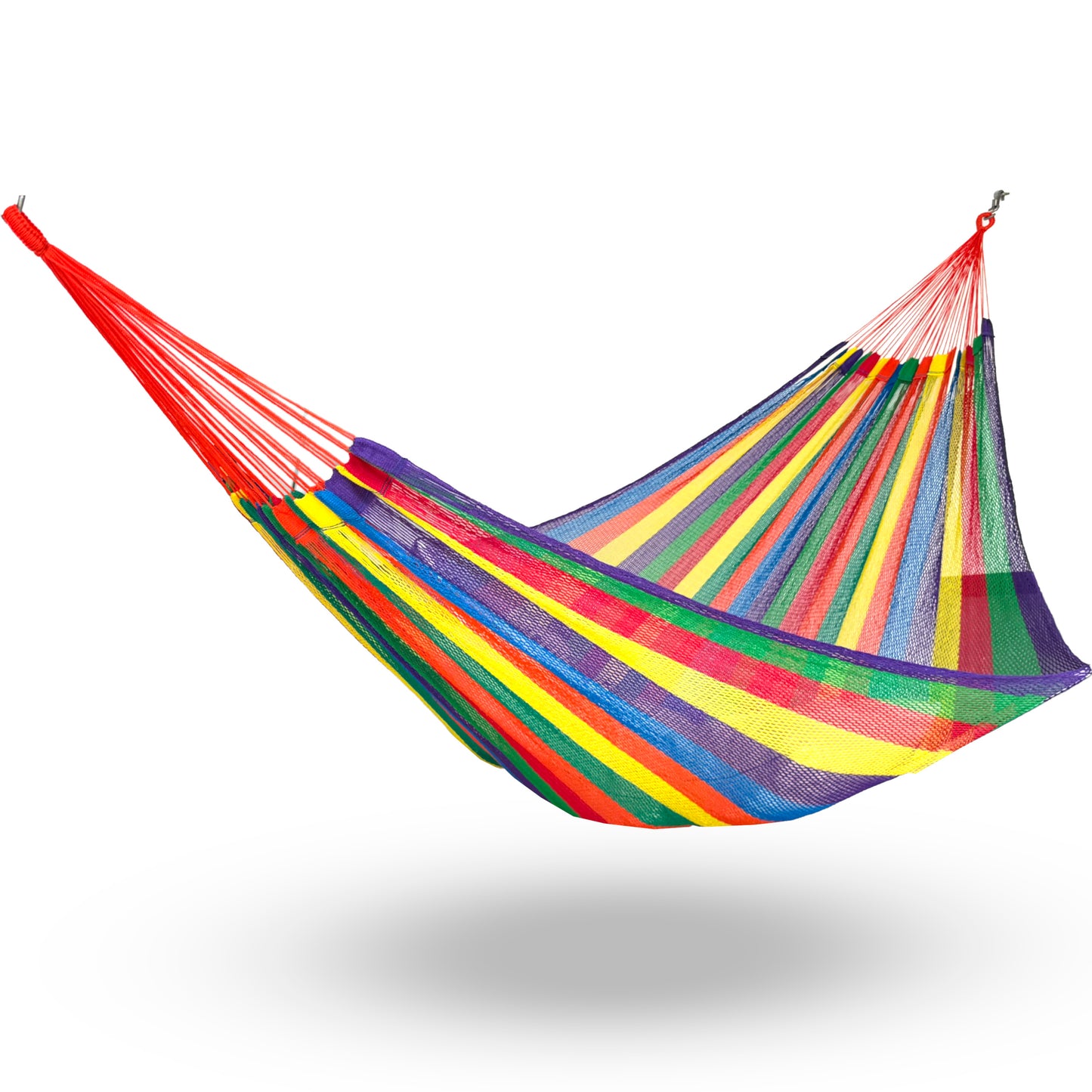 Hamaca tipo red de nylon king size arcoíris colgada y abierta